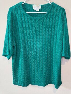 Doncaster Silk Sweater L Teal Cable Knit Luxury Short Sleeve Top